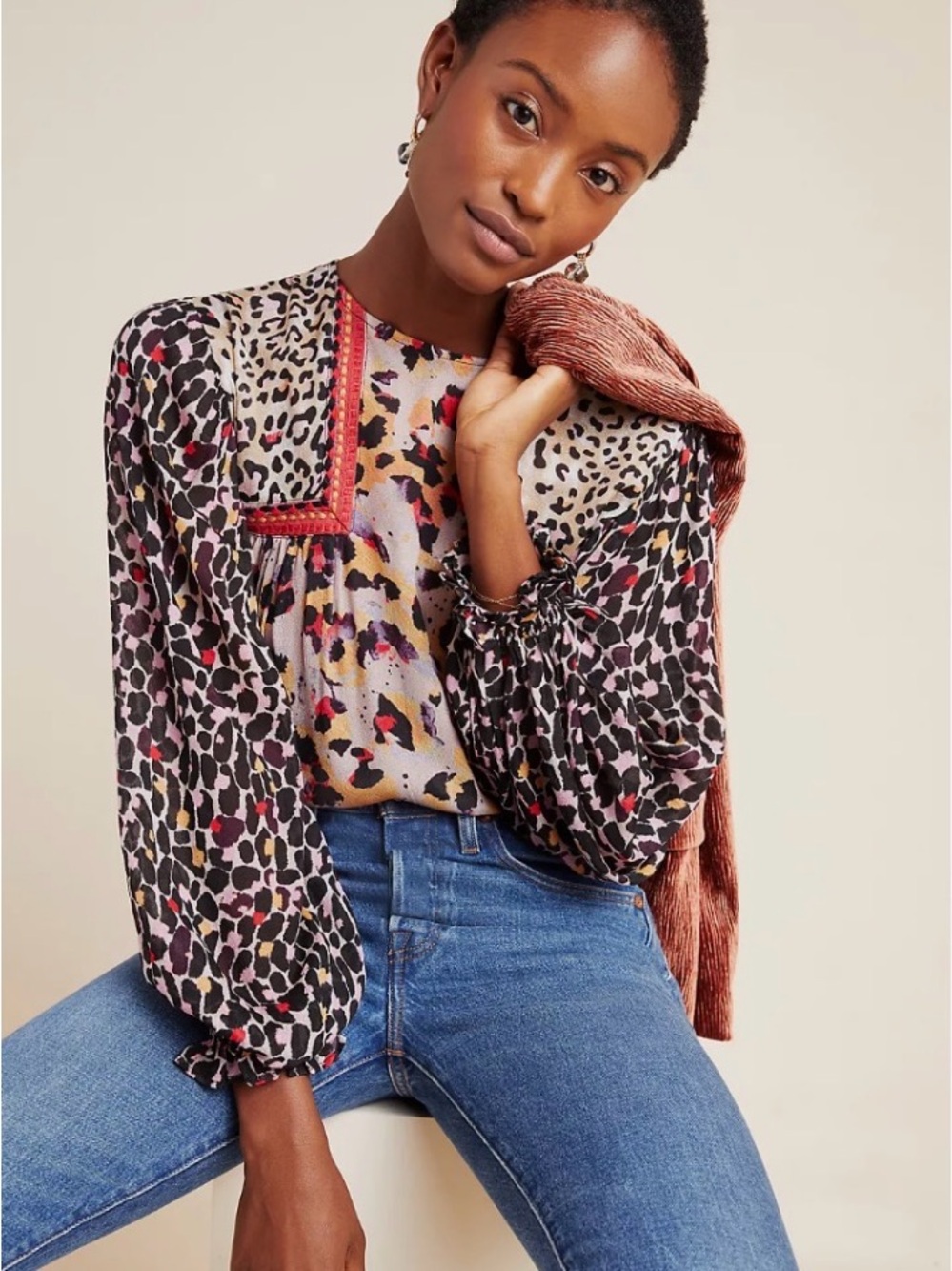 Anthropologie BI-nk Size XS Joelle Leopard Peasant Top Blouse
Boho